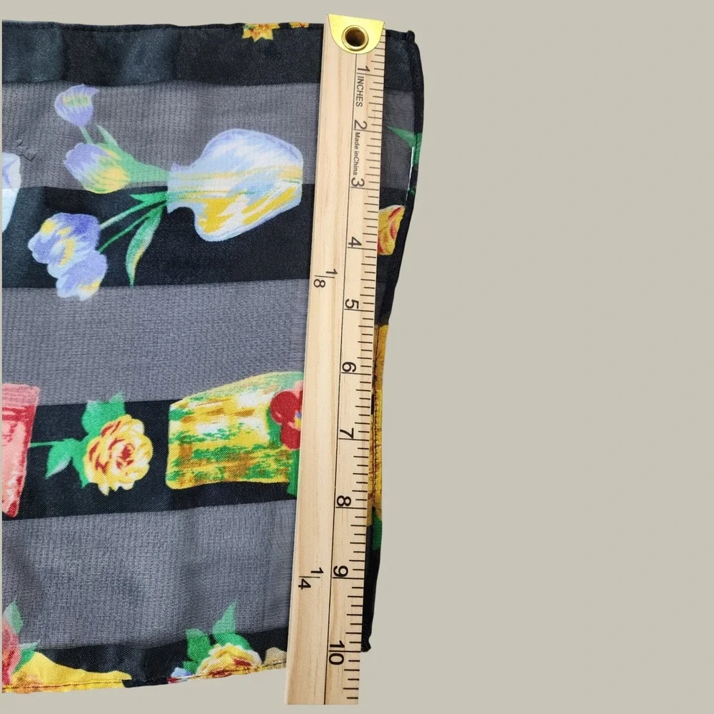 Beatrix Potter Floral Scarf Black Botanical Print Sheer Stripes Boho Cottagecore